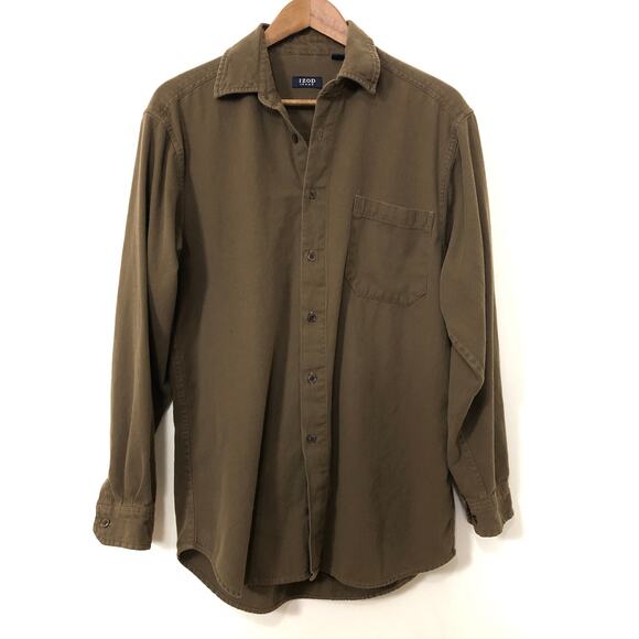 VTG Y2K IZOD Jeans 100% Cotton Button Up Shirt Olive Twill S Minimalist Preppy - Picture 2 of 10